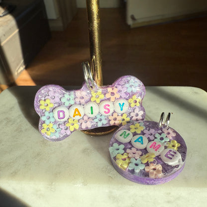 Custom Floral Resin Pet ID Tag – Lilac Background | Personalized Name Tag