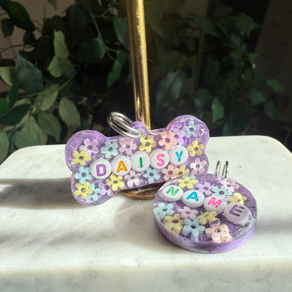Custom Floral Resin Pet ID Tag – Lilac Background | Personalized Name Tag