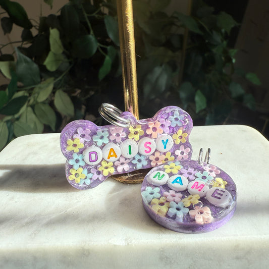 Custom Floral Resin Pet ID Tag – Lilac Background | Personalized Name Tag